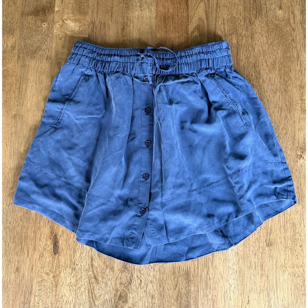 Joie Wendolyn Blue 100% Silk Drawstring Button Front Mini Skirt Small
